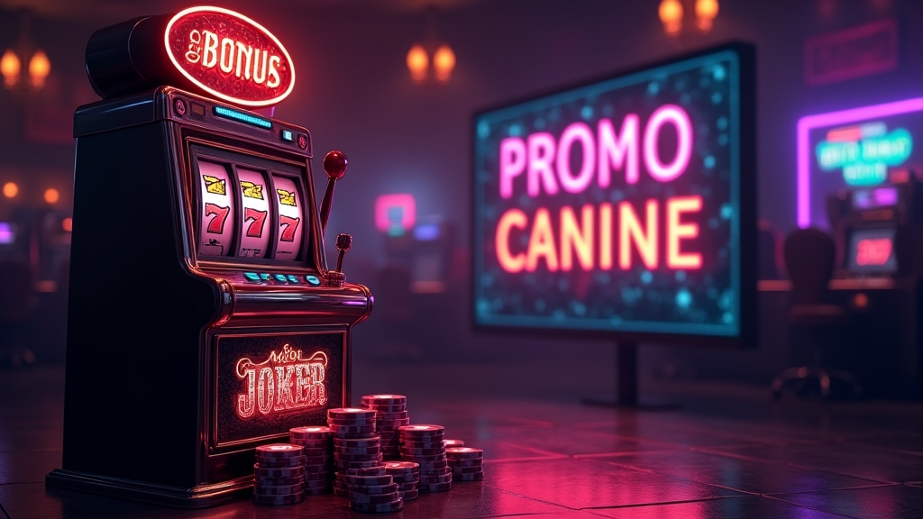 Tela de cassino com código promocional do Mega Joker Slot e luzes neon