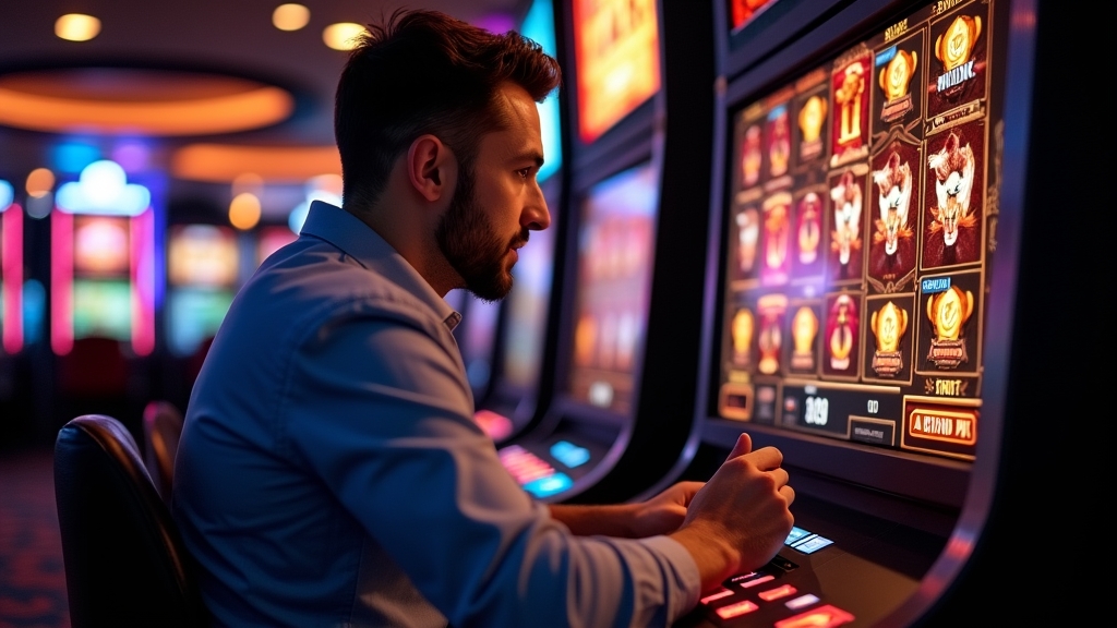 Jogador analisando estratégia em demo de slot com rolos iluminados