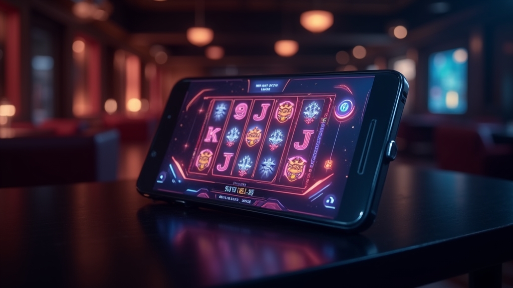 Celular com interface de app de slot em um ambiente de cassino escuro