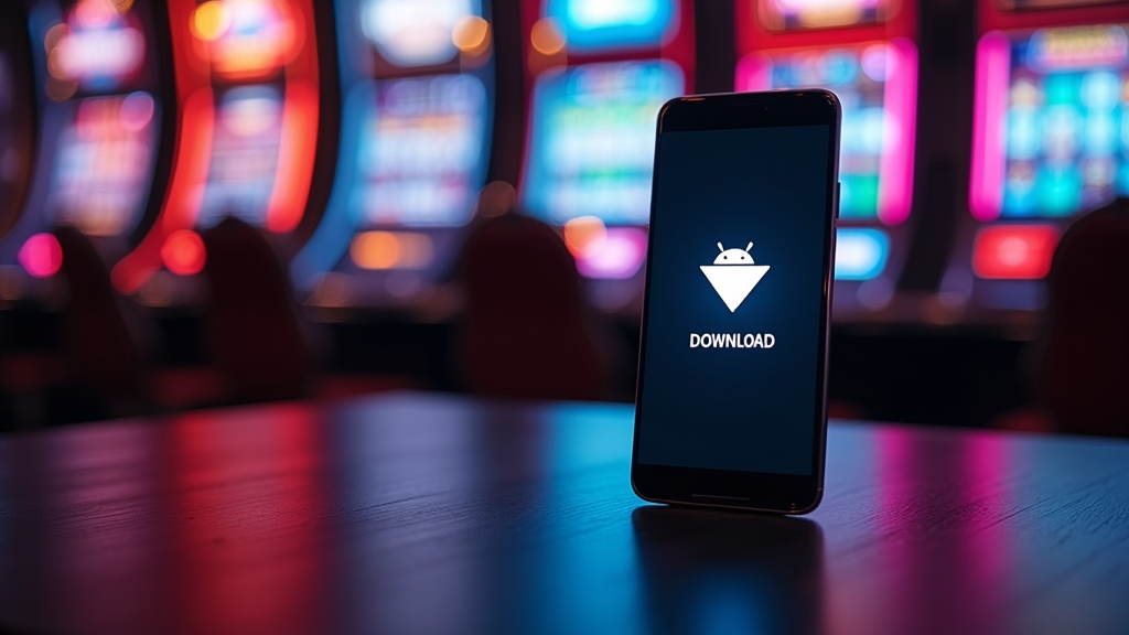 Tela de download do aplicativo em um celular Android sobre mesa de cassino