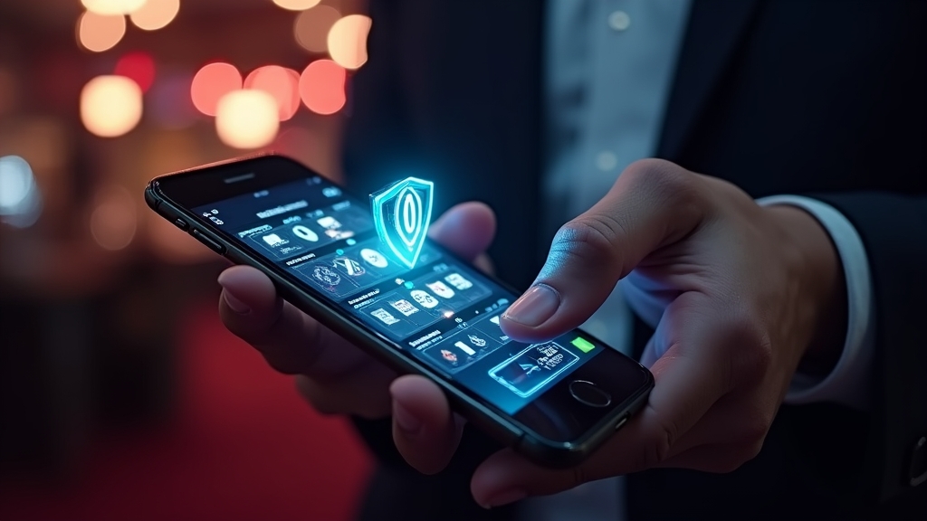 Celular com ícone de segurança ao lado de interface de slot em cassino escuro